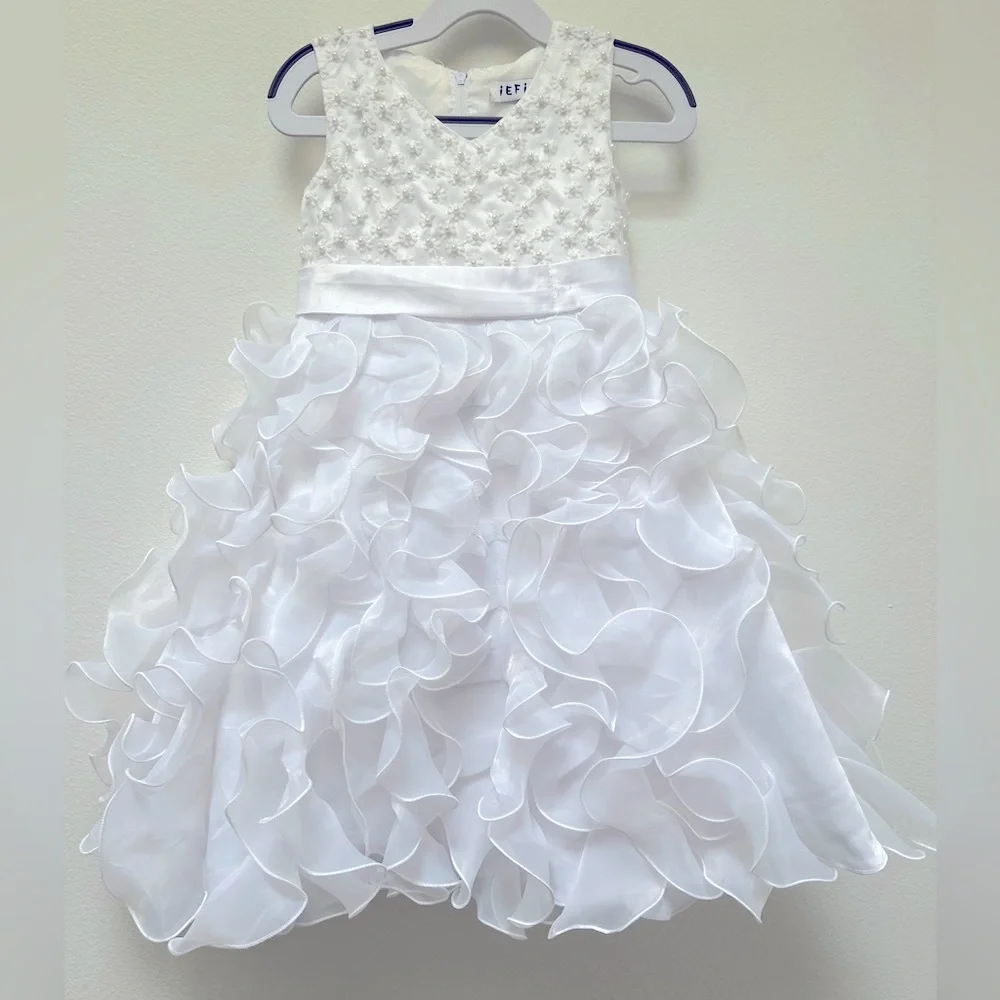 Elegant White Kids formal Recital Wedding Party Dress with Floral Details size:5